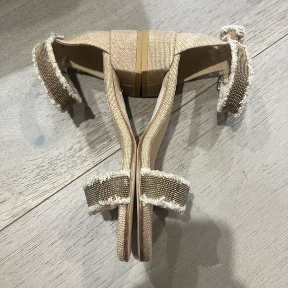 Stuart Weitzman Nudistchains Canvas Gold Sandals Tweed  Block US 6 - Picture 10 of 15